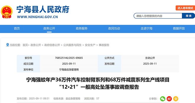 宁海县年产36万件汽车控制臂和68万件减震系列生产线项目事故查明